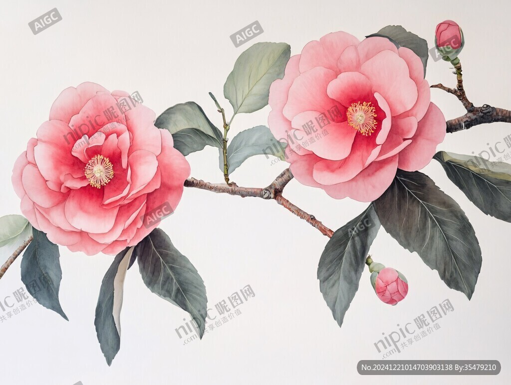 山茶画手绘