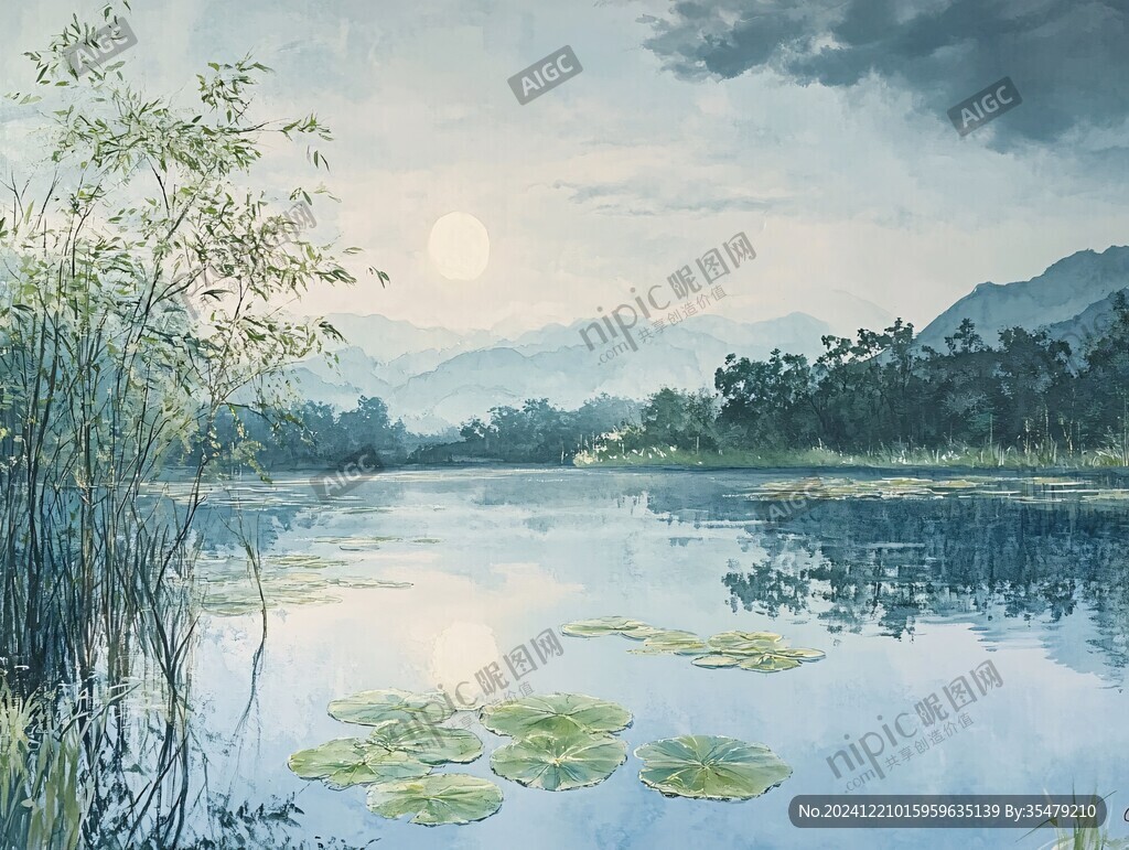油画荷塘月色