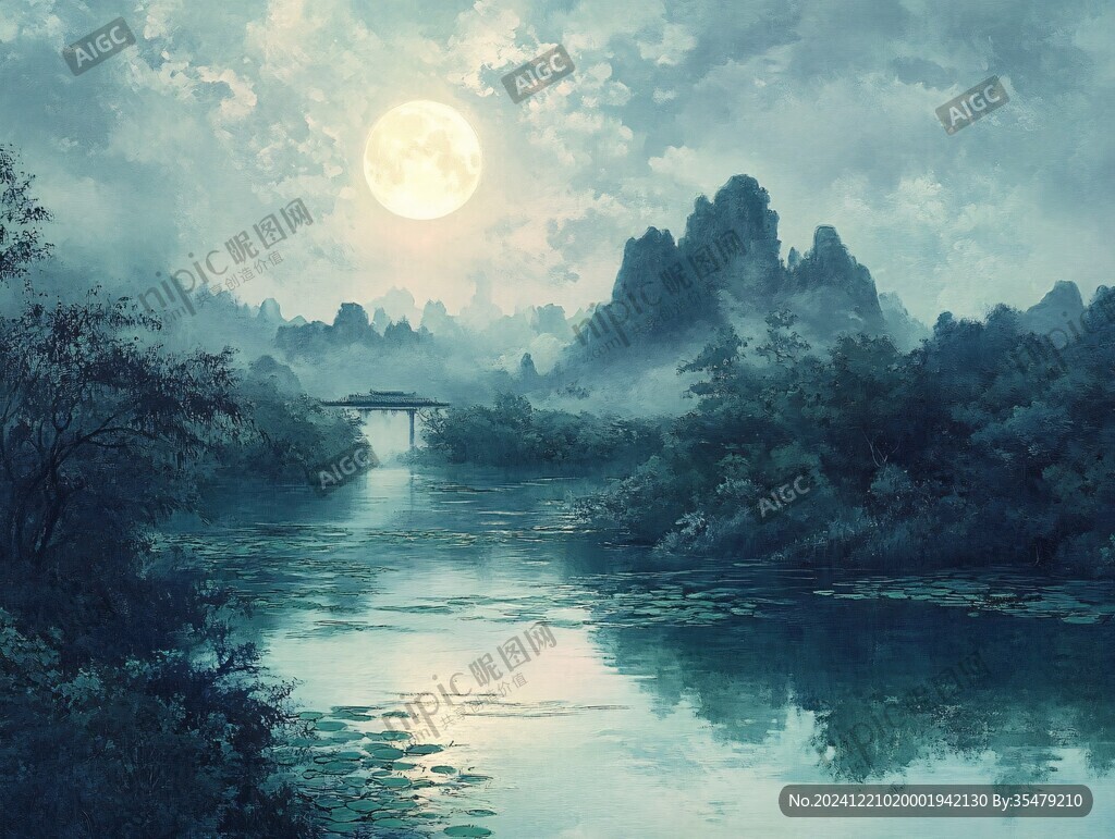 意境图片星月山川挂图