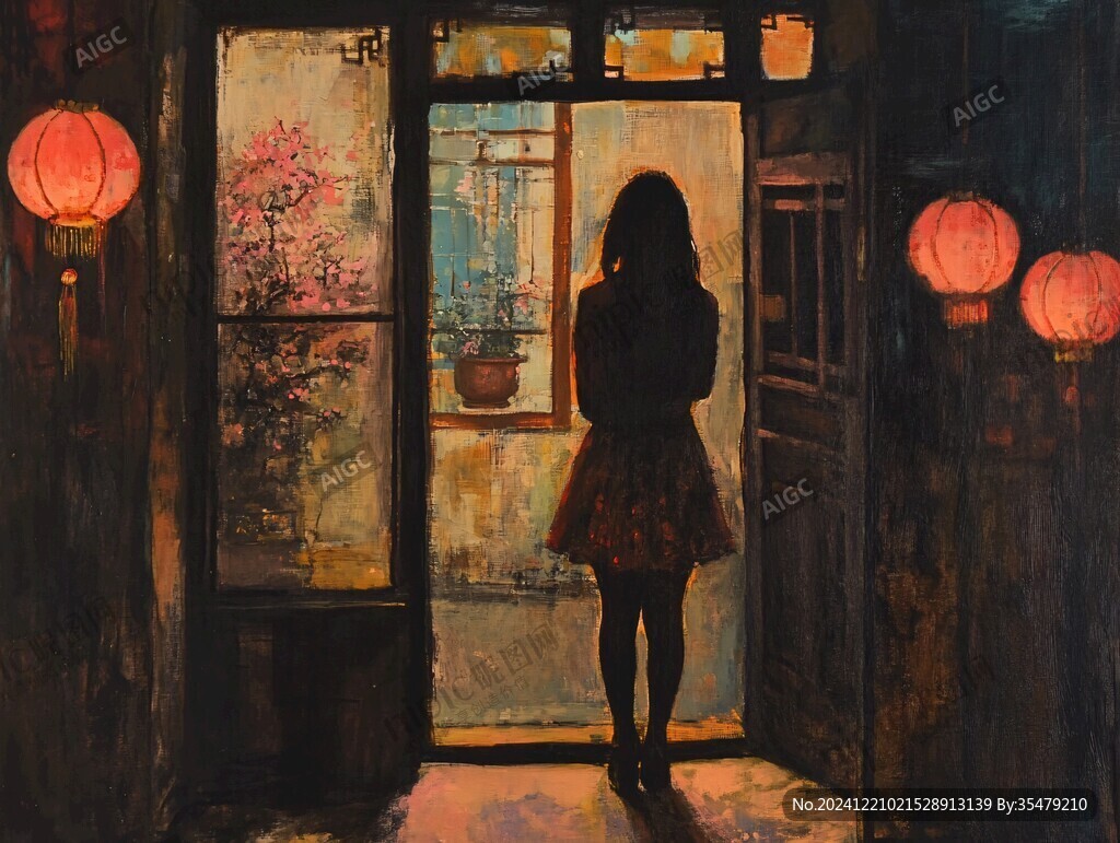 美人倚窗插画