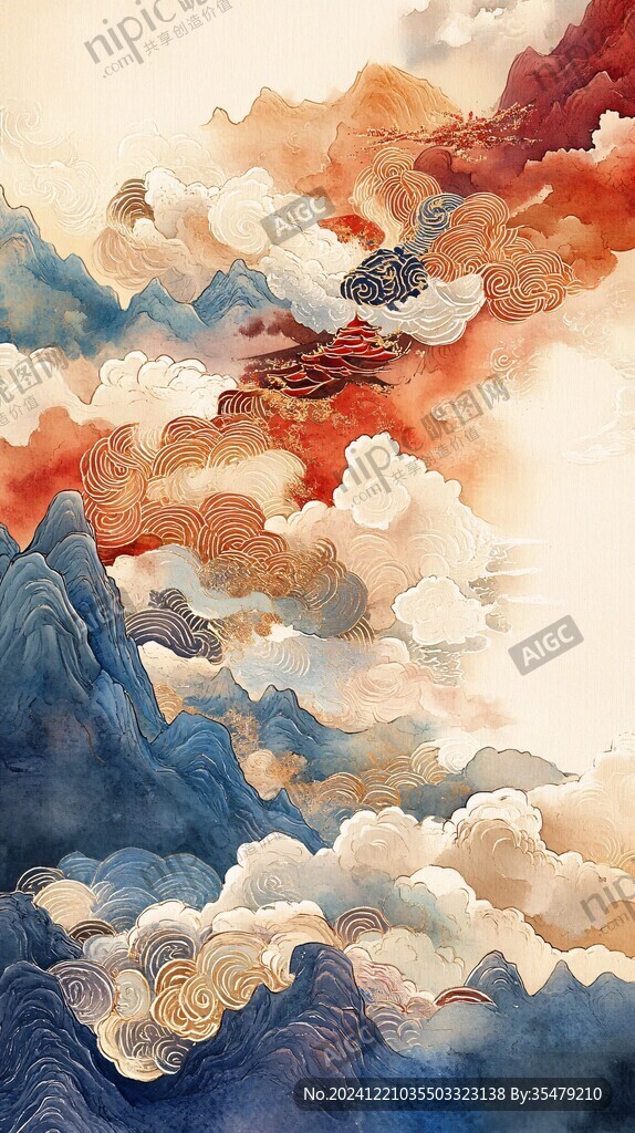 高端山水线包装插画
