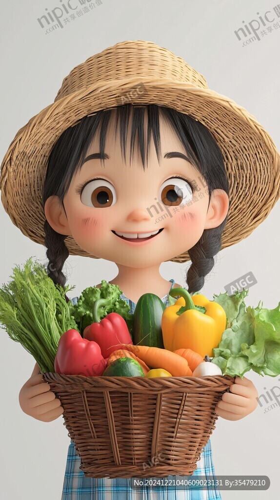 采摘农家少女插画