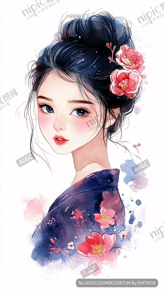 唯美半身女孩手绘插画