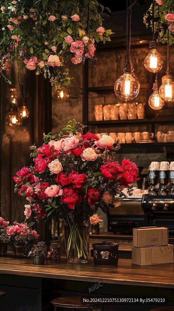 摆满鲜花的咖啡店