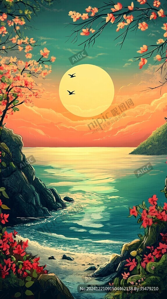 海边落日插画