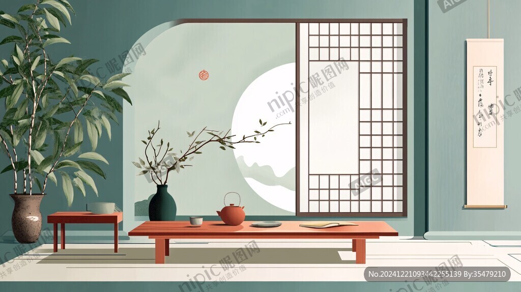 中式窗景插画