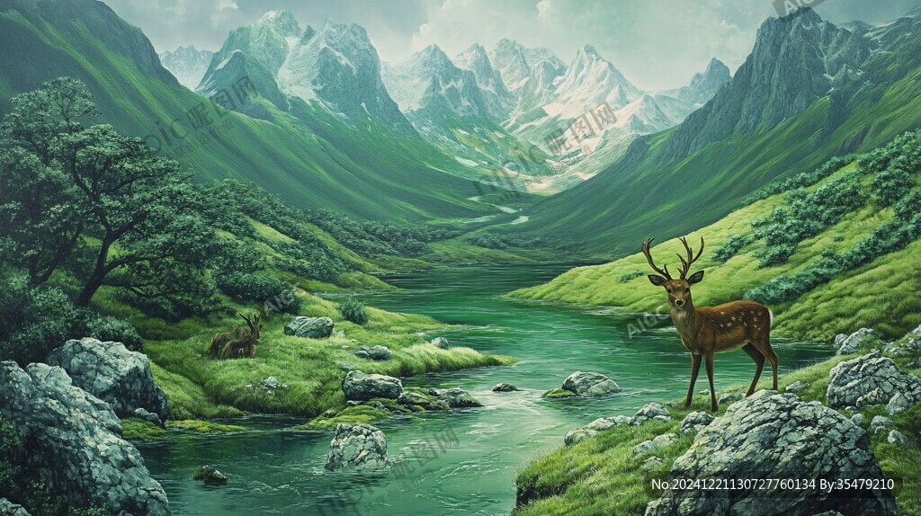 山峰山水画油画梅花鹿