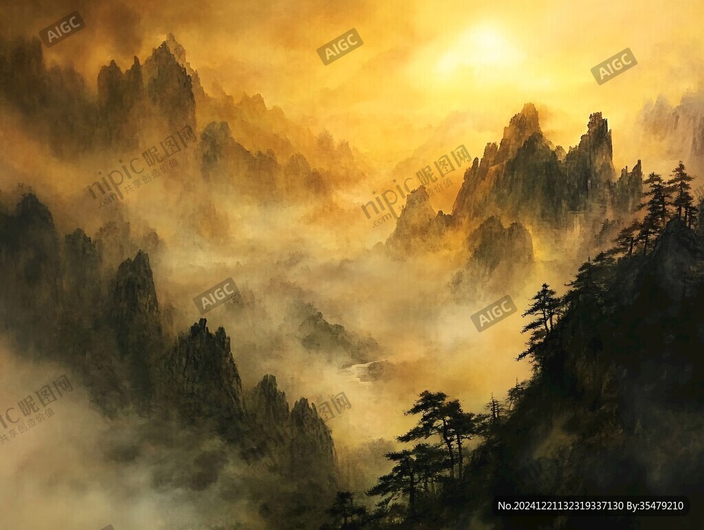 金光万丈水粉画
