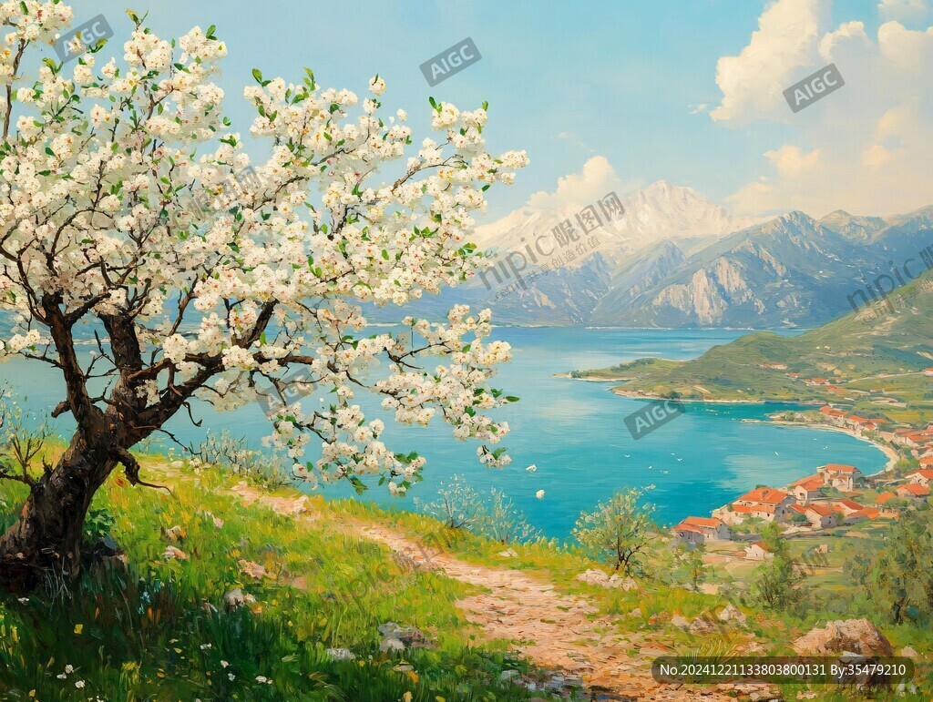 桃花风景油画