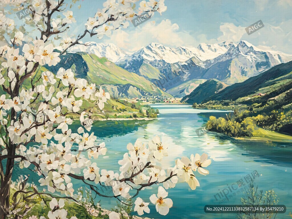 桃花风景油画