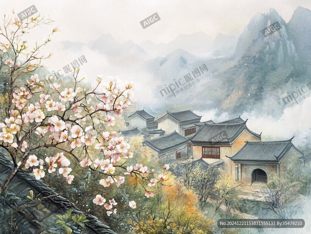 横店彩绘山水水墨画