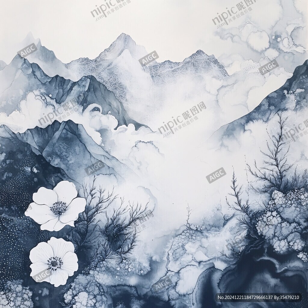 蓝色调山水画