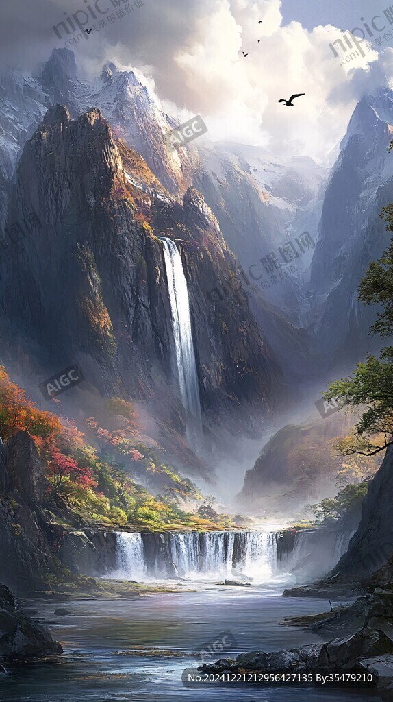 山水风景油画瀑布