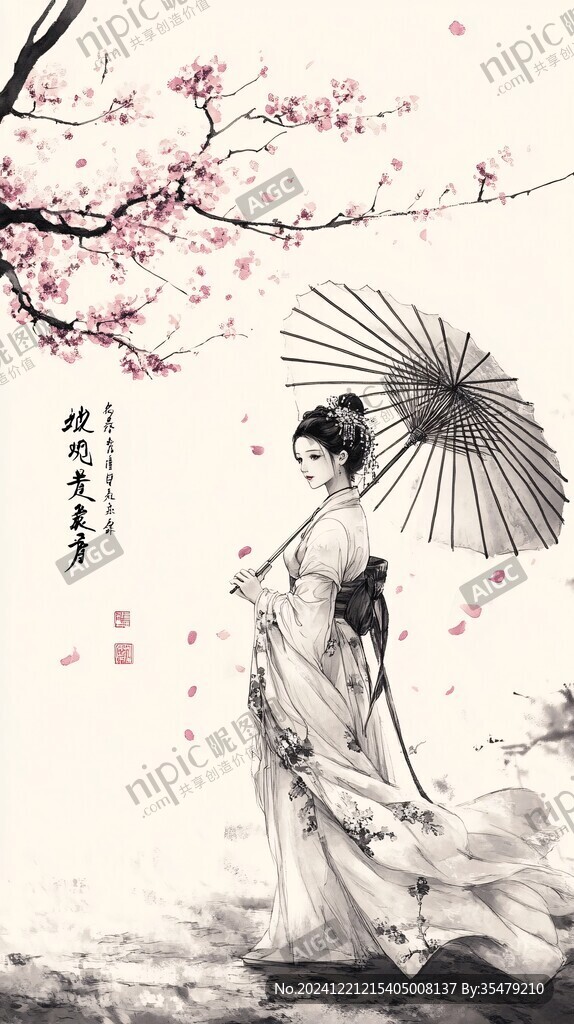 梅花拿伞美人