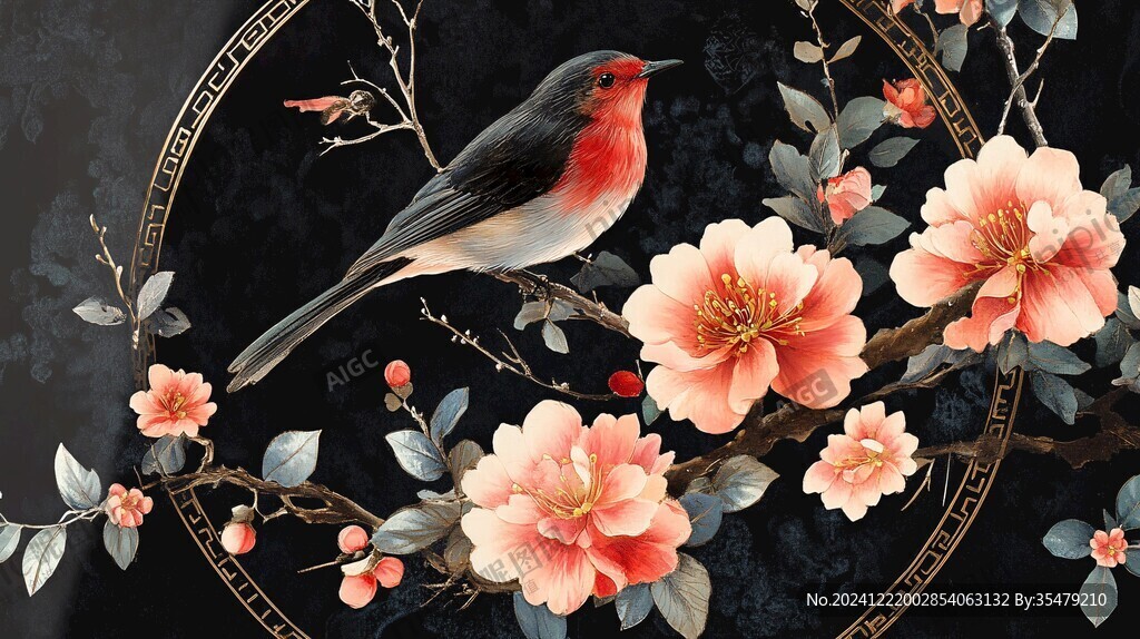 中式桃花花鸟