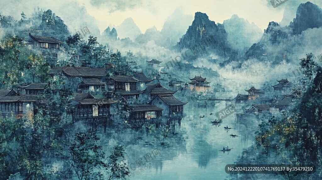 插画横店水彩水墨山水