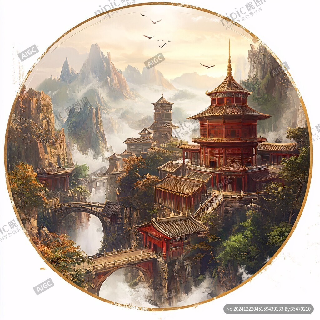 山水圆形挂画