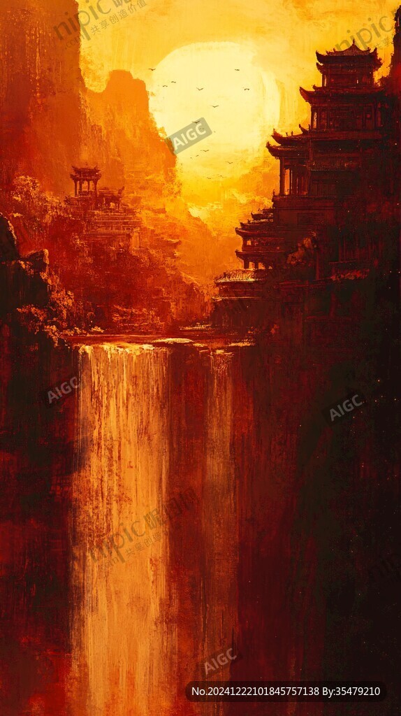 古风亭台楼阁油画