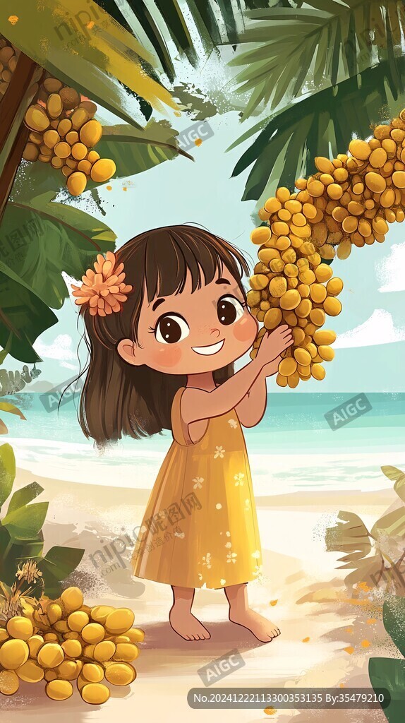 摘枇杷的小女孩