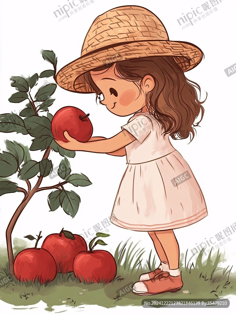 小女孩摘苹果插画