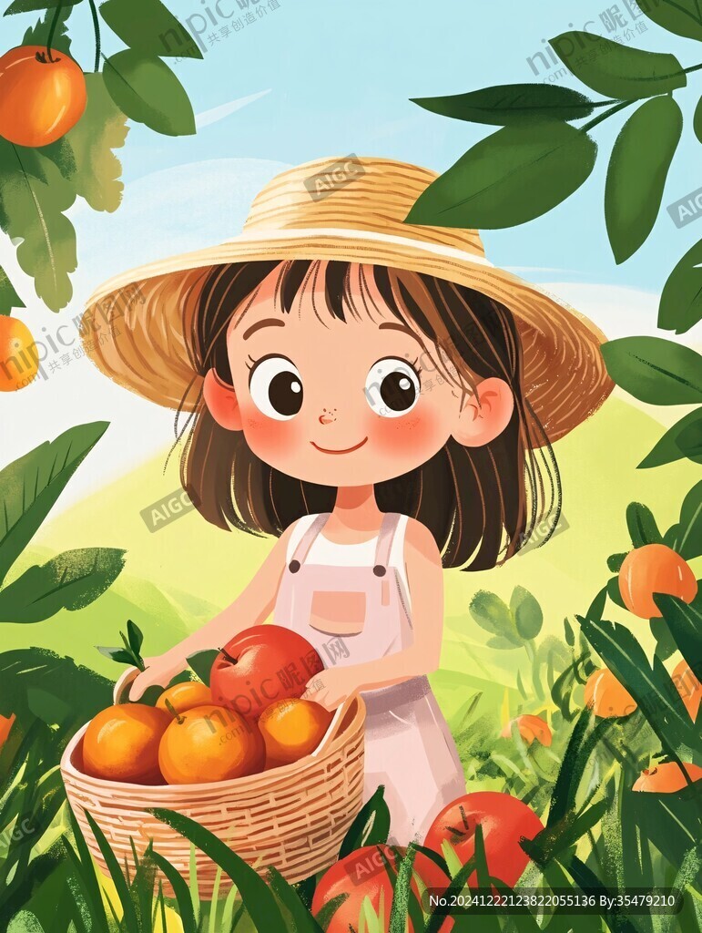 女孩摘水果插画