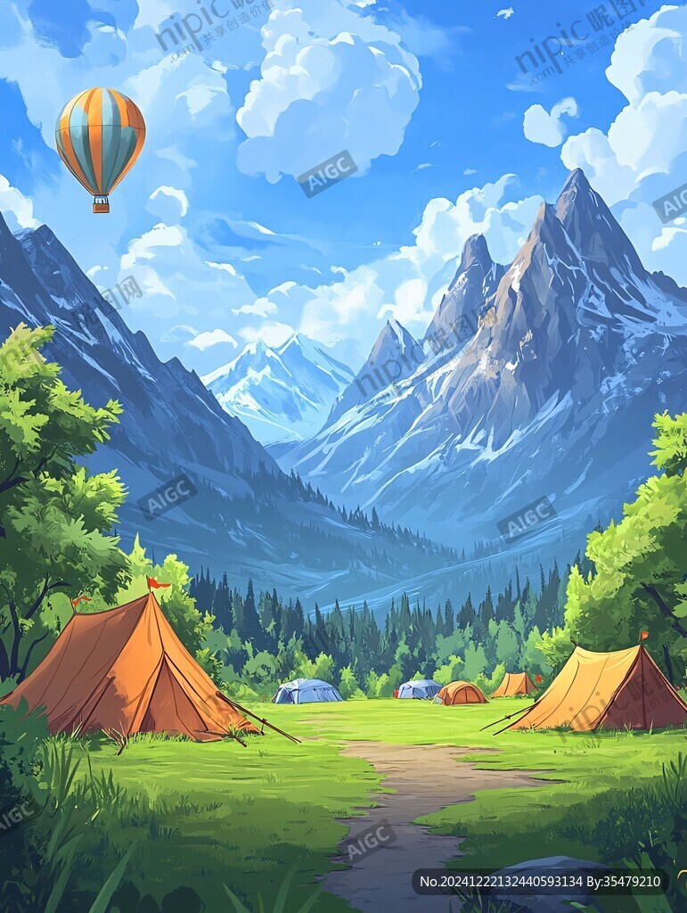 手绘山林露营地