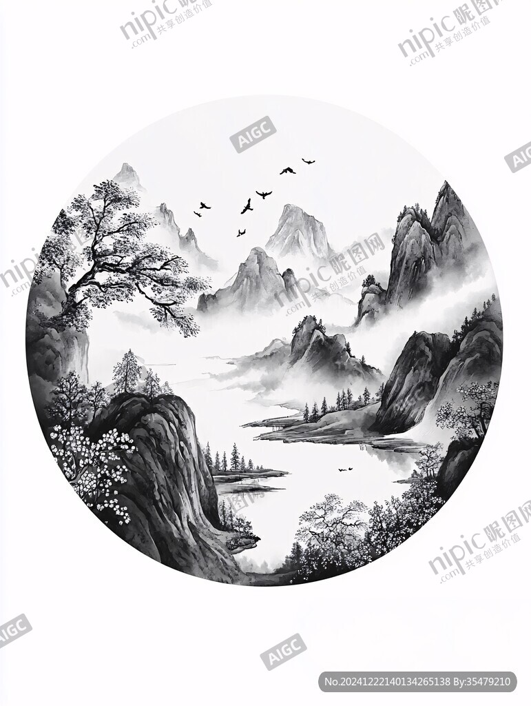 圆形水墨挂画手绘山水