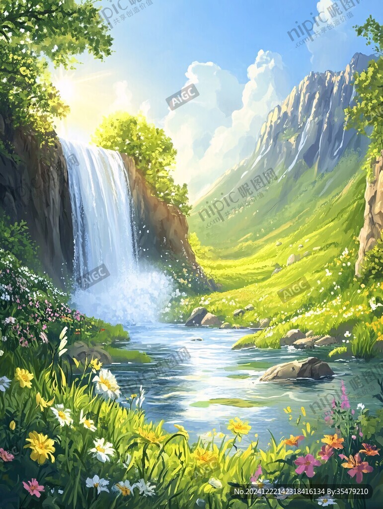 山水风景油画瀑布