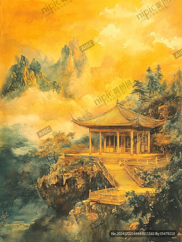 古风亭台楼阁油画