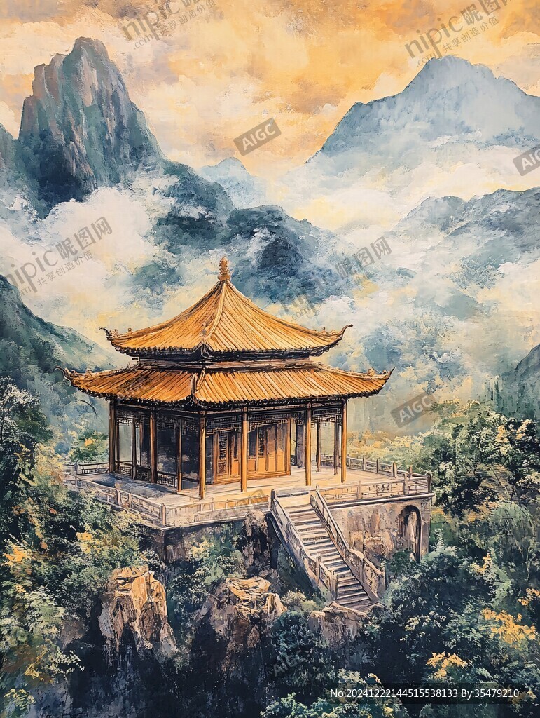 古风亭台楼阁油画