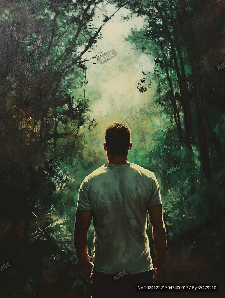 人在黄昏树丛