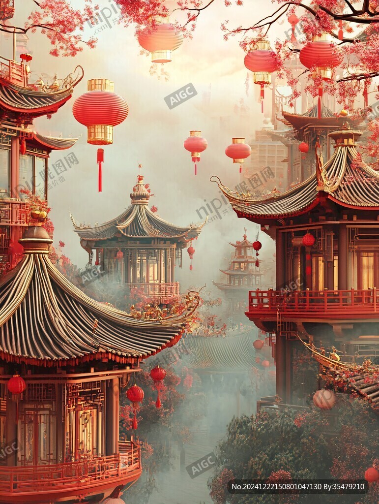 亭台楼阁意境插画