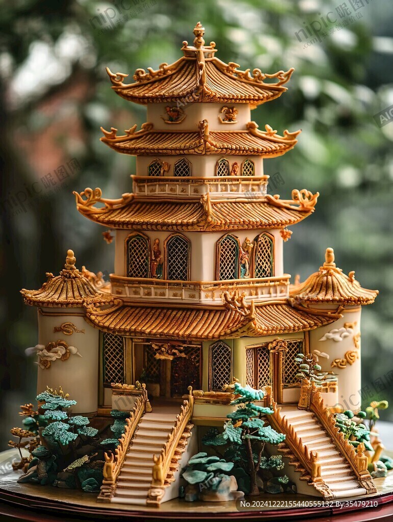 鱼牙雕亭台楼阁