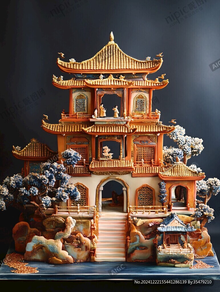 鱼牙雕亭台楼阁
