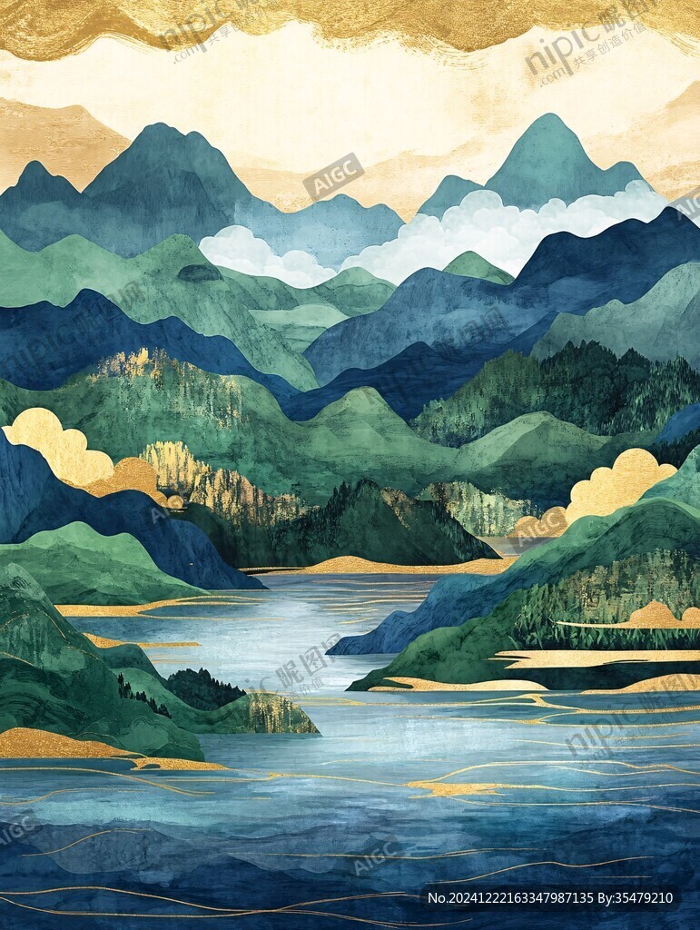 手绘油画群山河流线条