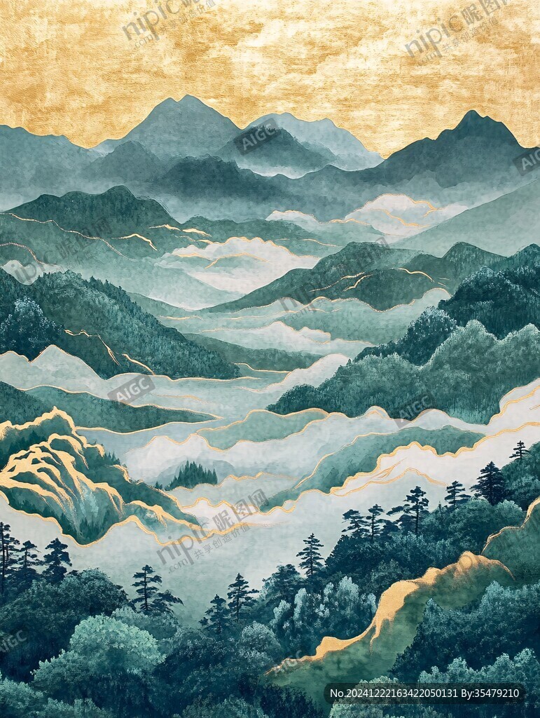 巨幅新中式青绿山水画