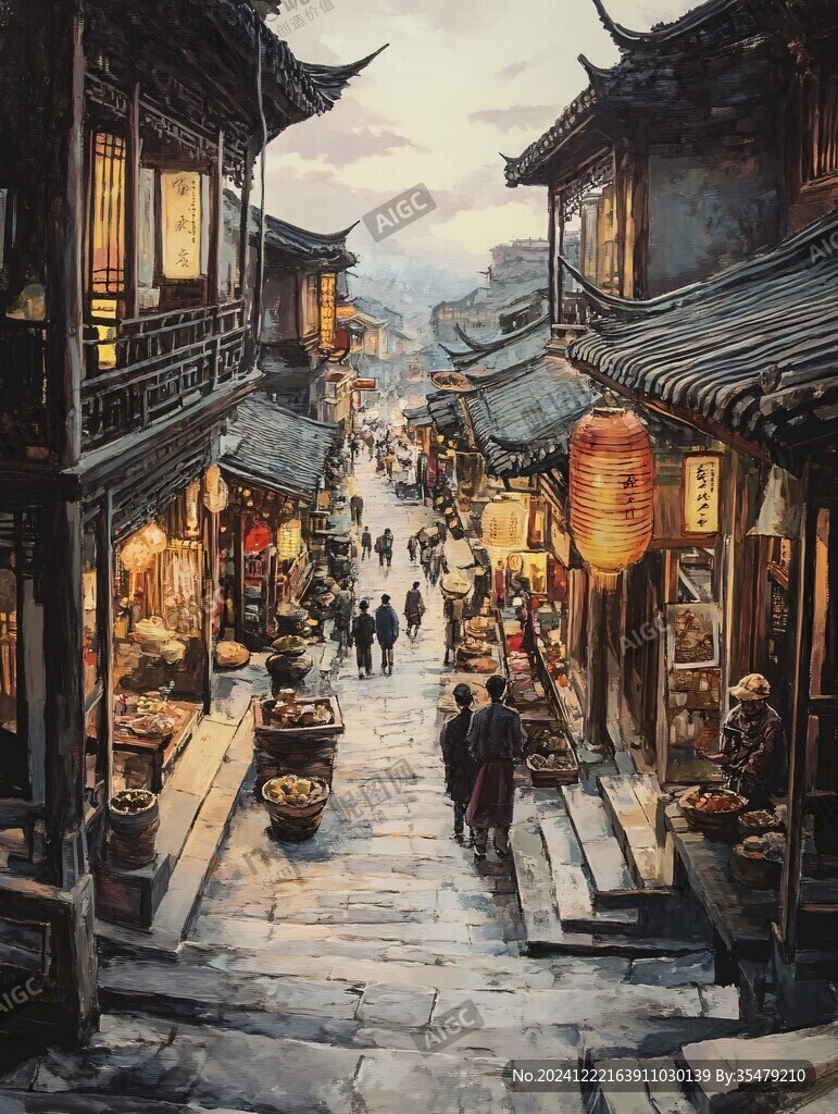 油画古街巷
