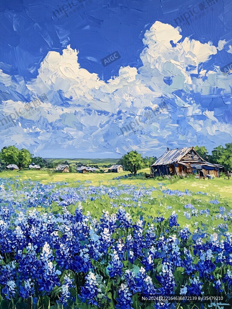 蓝天白云鲜花油画