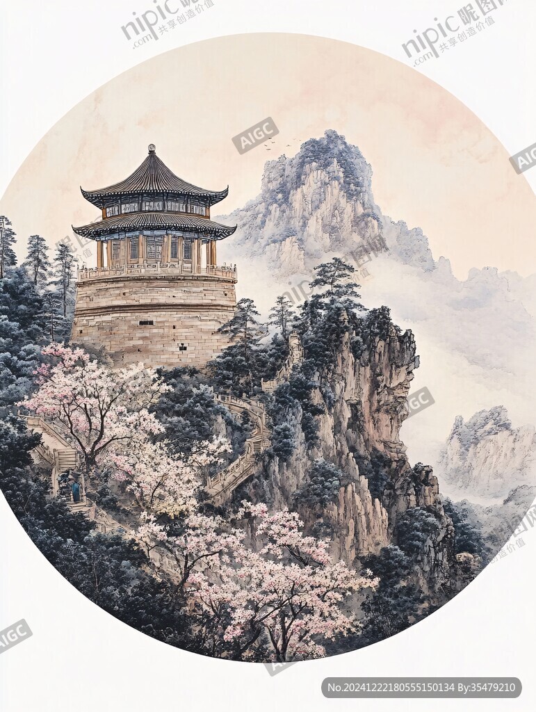 工笔楼阁亭台圆形框画