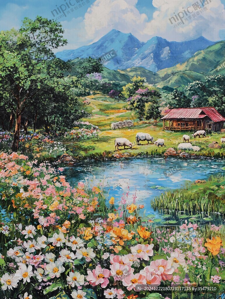 唯美田园风光油画