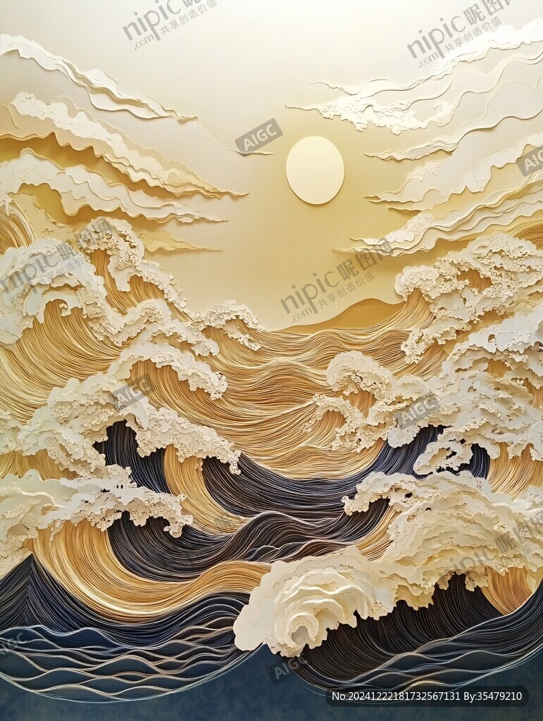 手绘海浪旭日东升