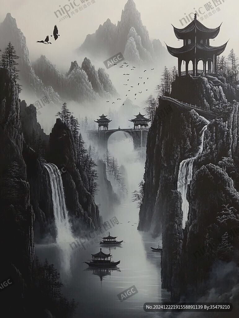 楼阁山水意境画