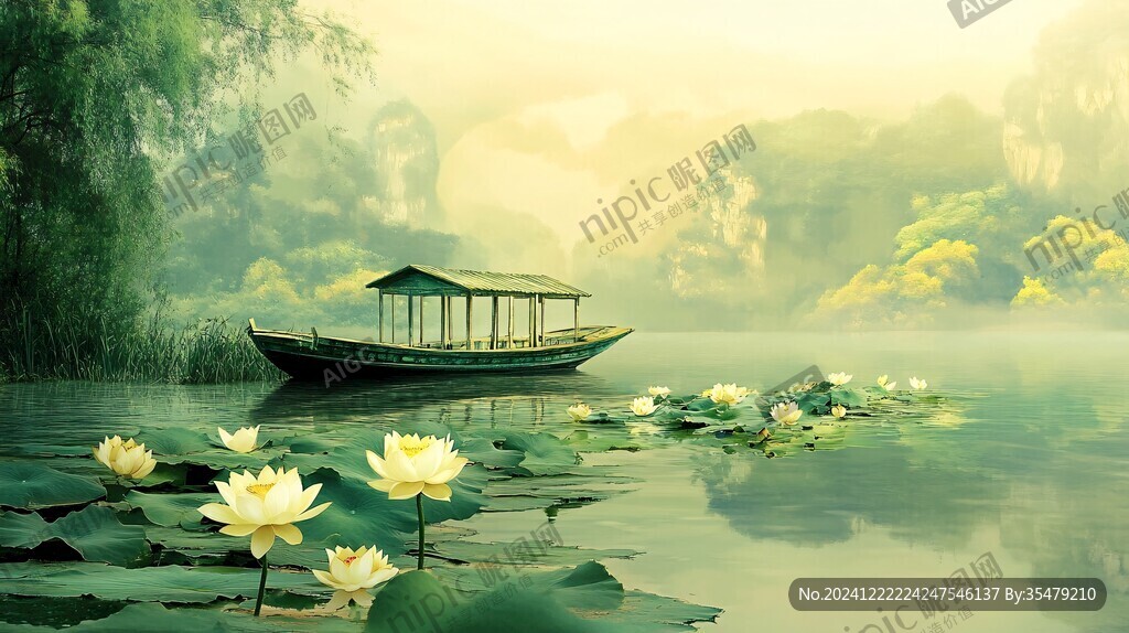 山水楼阁波光小船