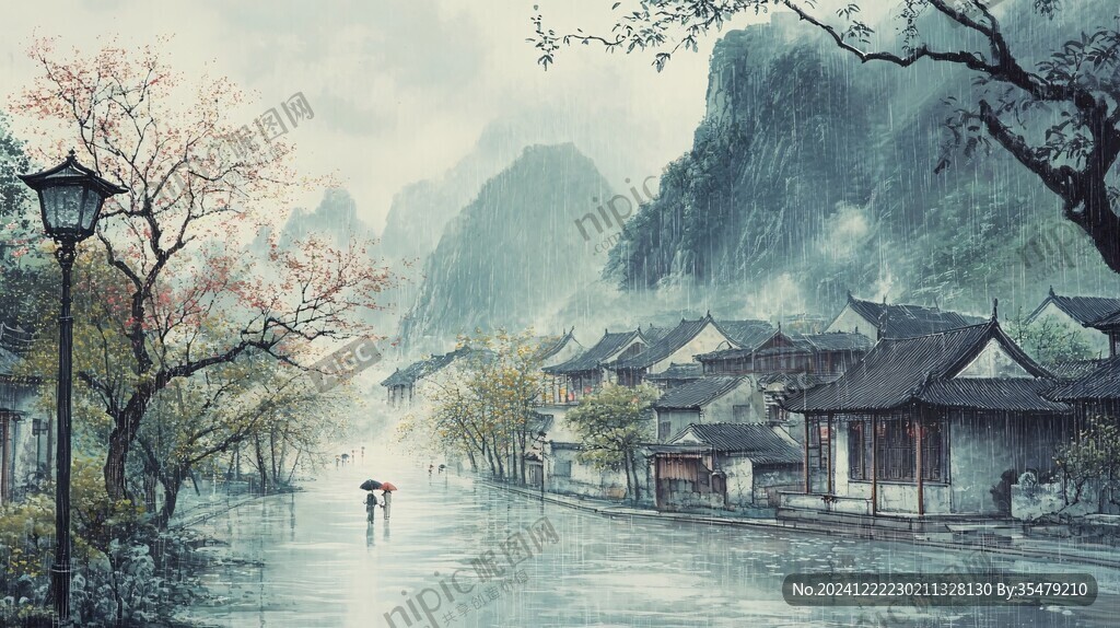 烟雨江南古风山水插画