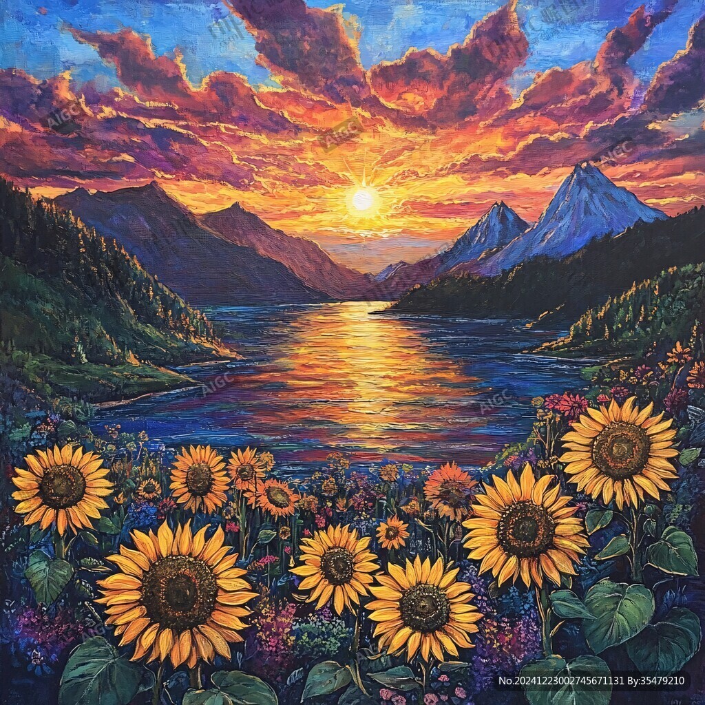 山水夕阳油画