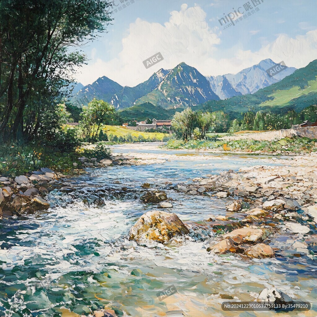 溪水油画