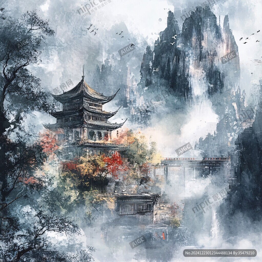 楼阁山水意境画