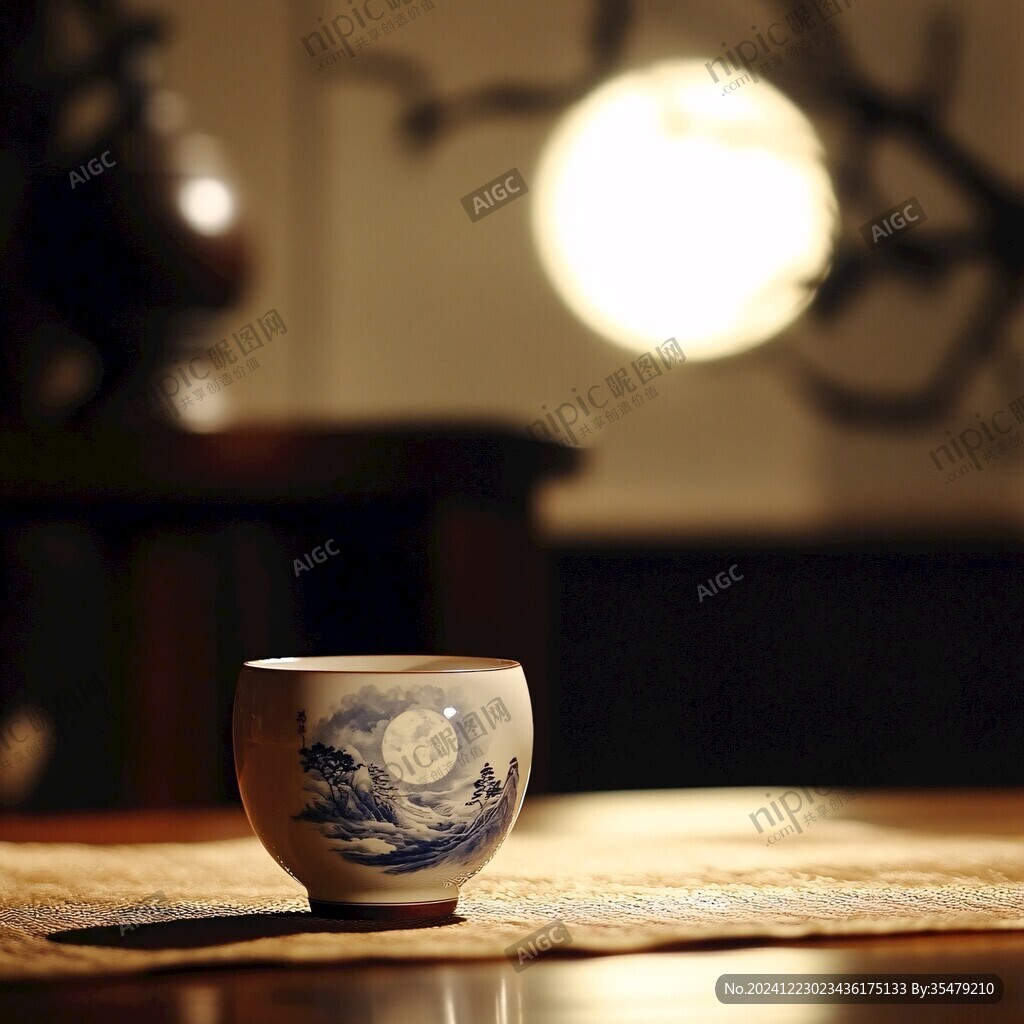 蓝彩金彩月影梅纹杯