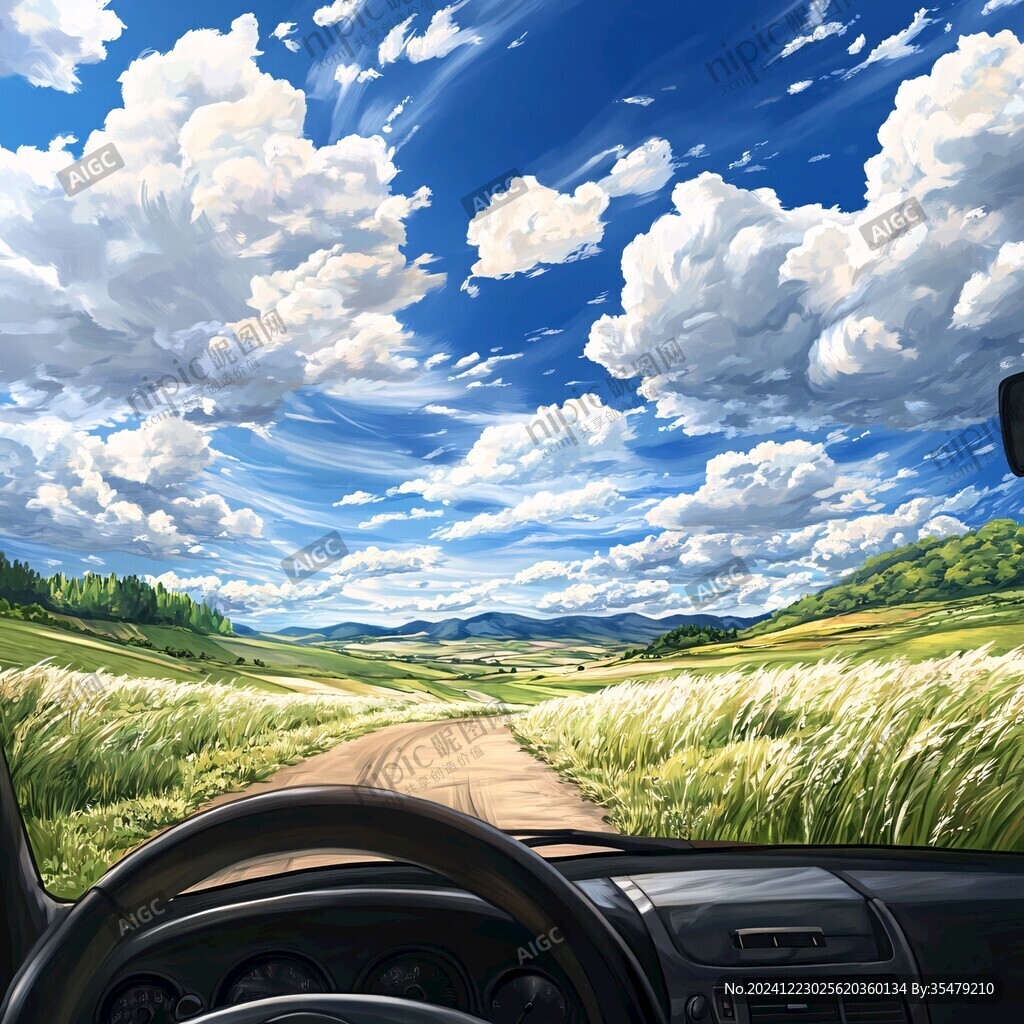 草原蓝天白云汽车