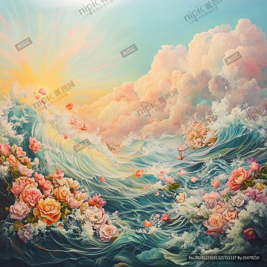 手绘海浪旭日东升